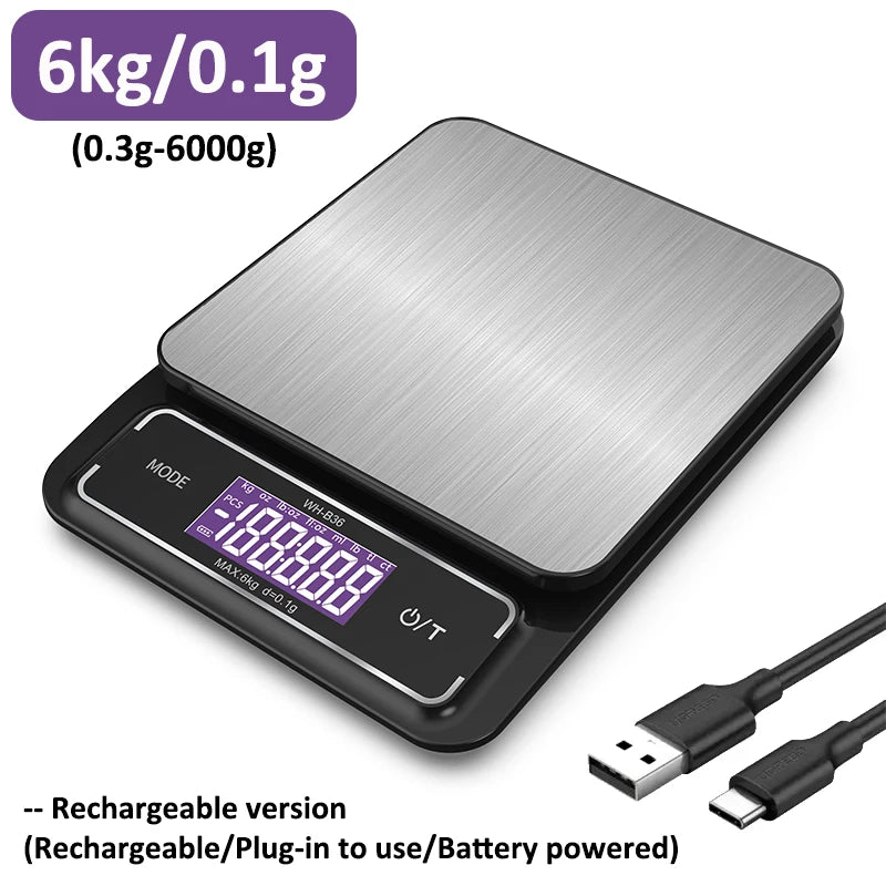 Báscula de cocina electrónica Digital de 6kg/0,1g, 10kg/1g, pantalla LCD, herramienta de medición de acero inoxidable totalmente impermeable para hornear