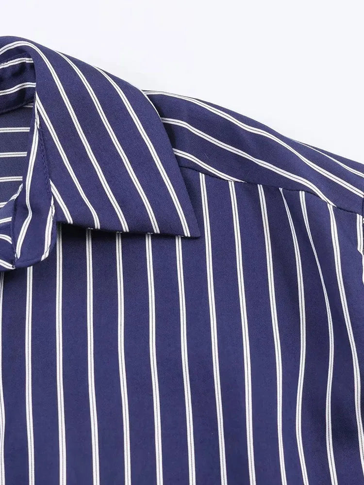 Camisa holgada a rayas para mujer, blusa informal de manga larga con cuello vuelto y botonadura sencilla, nuevas camisas de oficina de verano para mujer