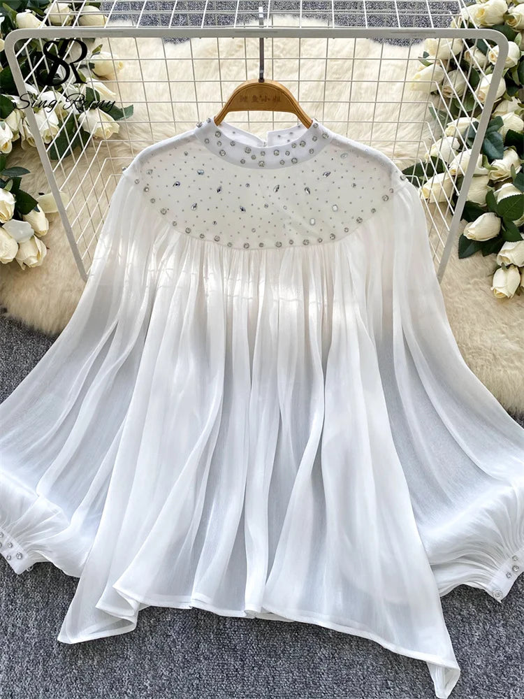 SINGREINY-Blusa de gasa con diamantes para mujer, camisa fina de corte francés con manga acampanada, Top de lujo Irregular plisado de alta calidad