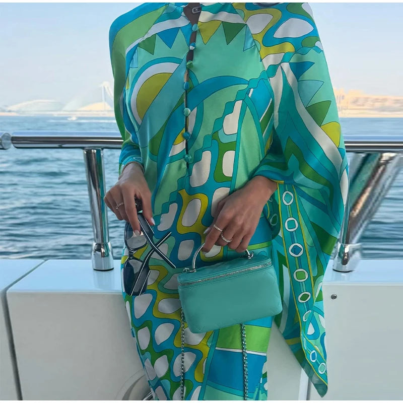 Vestido de Moda con Estampado Geométrico para Mujer, Cuello Alto, Manga Ancha con Botones, Vestidos de Vacaciones 2026, Vestido Holgado de Playa para Dama