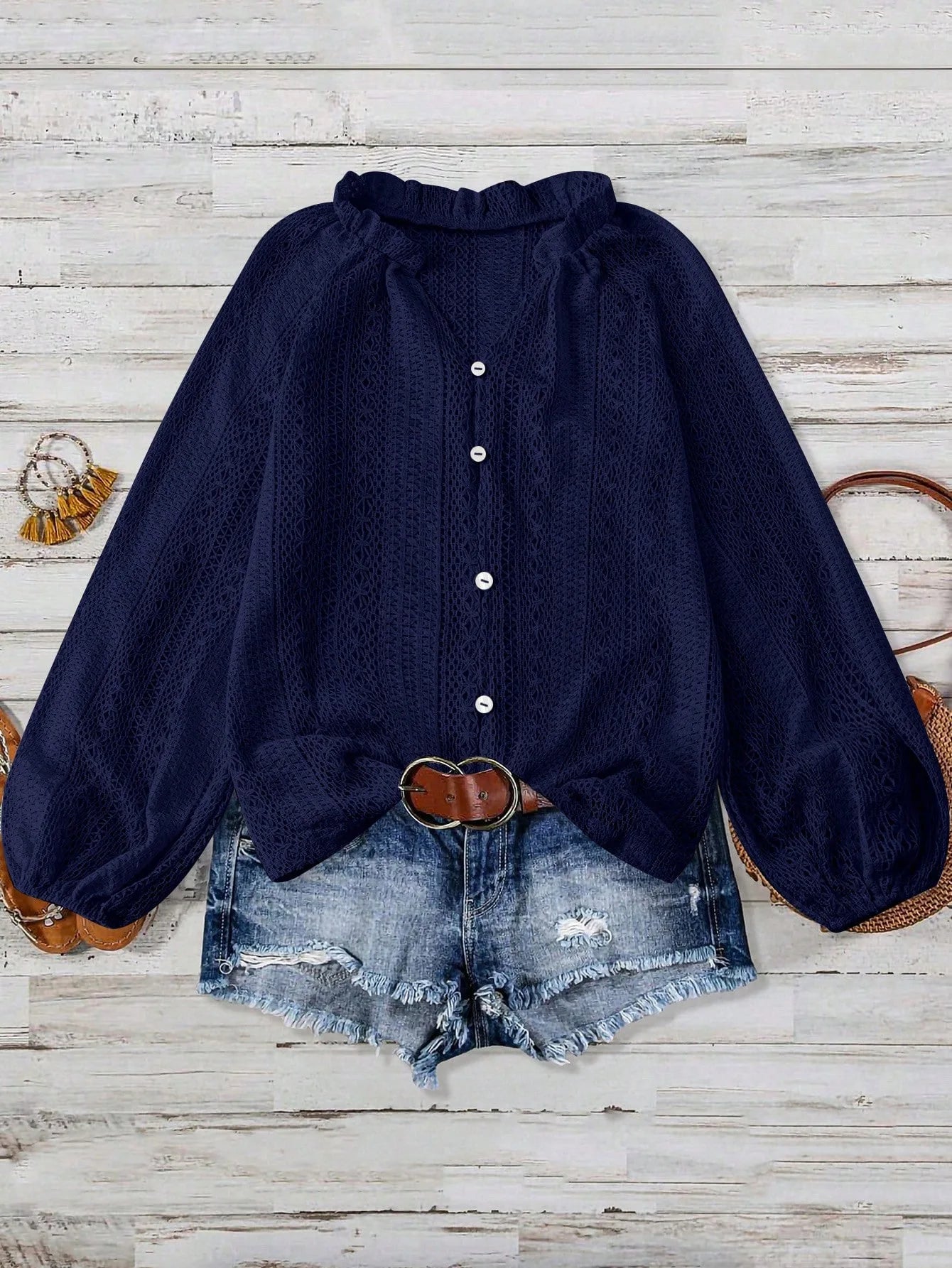 Blusas de mujer primavera y otoño nueva moda suelta Simple todo-fósforo encaje hueco cuello en V camisas de manga larga de una sola rota para mujer