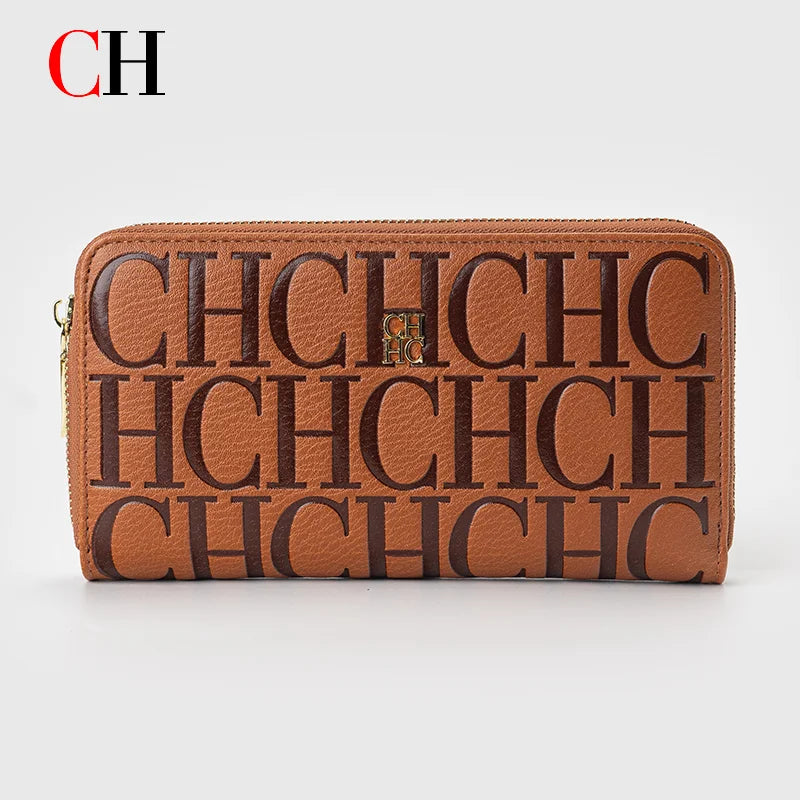 Cartera larga de diseñador CH para mujer, monedero con cremallera en relieve, múltiples ranuras para tarjetas, gran capacidad, perfecta para el viaje diario