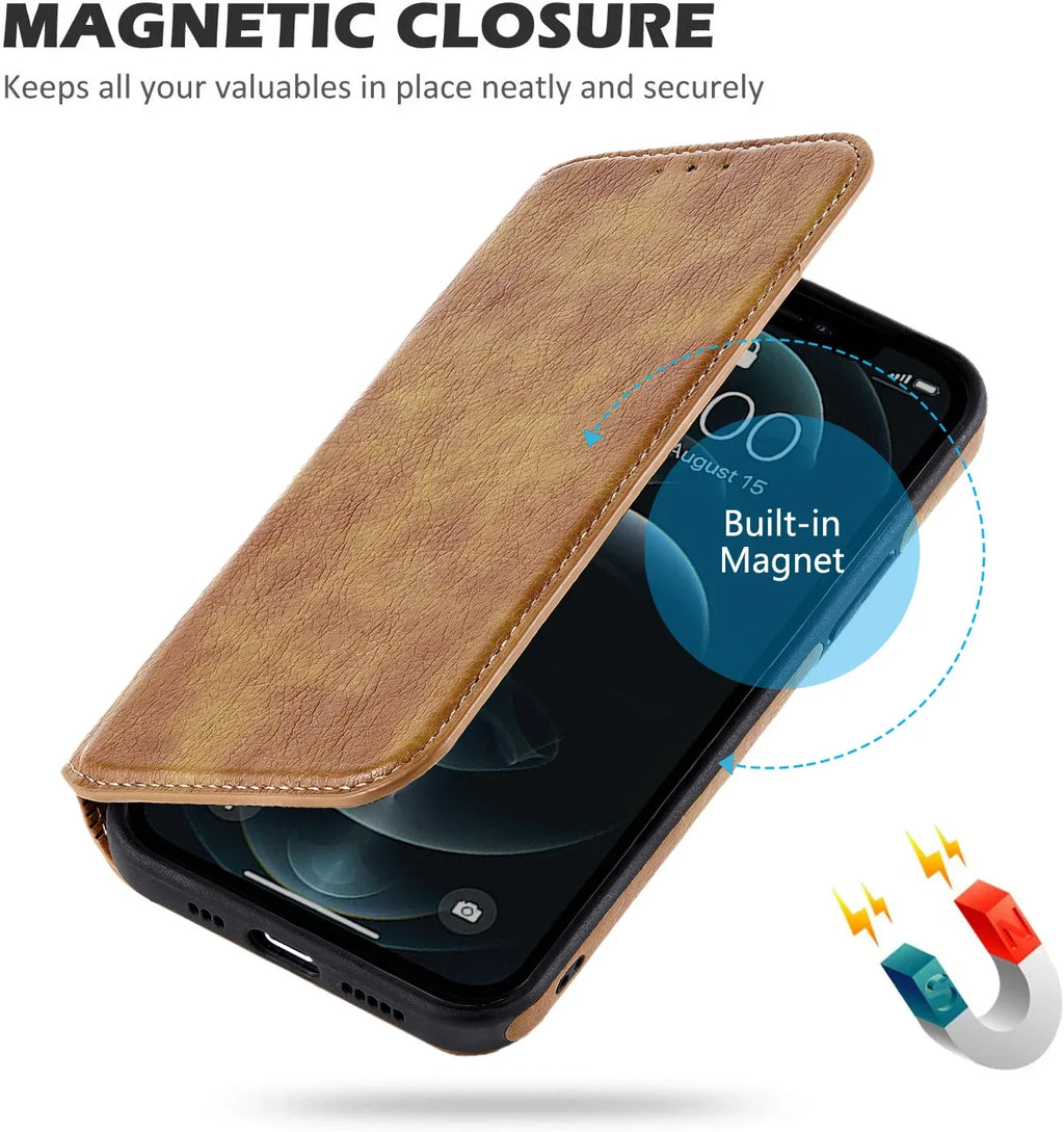 Funda de cuero para iPhone 16 15 14 13 12 11 Pro Max XS XR funda tipo billetera [bloqueo RFID] funda con tapa magnética delgada con tarjetero