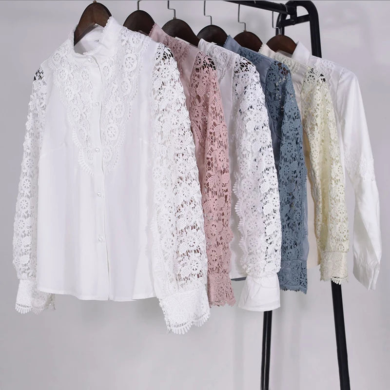 Blusa de encaje bordado para mujer, camisa informal de manga larga con cuello levantado, Color liso, elegante, para oficina, Primavera, 2021