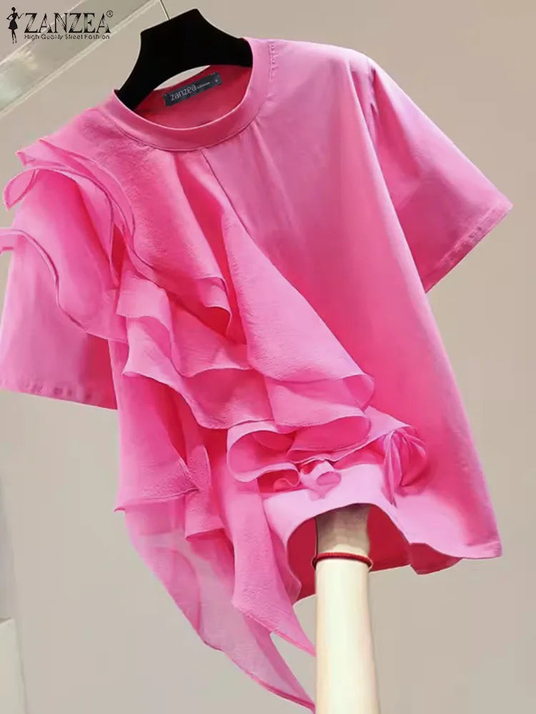 ZANZEA 2025 Blusa informal con costuras con volantes, Tops a la moda para vacaciones de verano, Tops con cuello redondo, túnicas de manga corta para mujer, Blusa holgada lisa para mujer