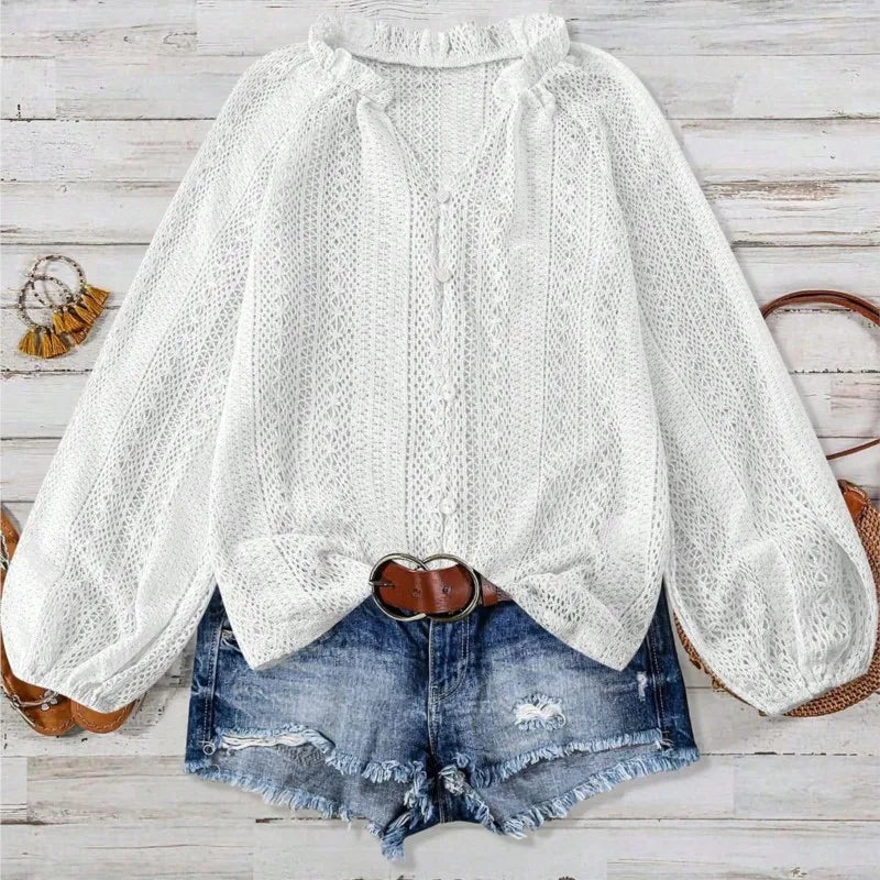 Blusas de mujer primavera y otoño nueva moda suelta Simple todo-fósforo encaje hueco cuello en V camisas de manga larga de una sola rota para mujer