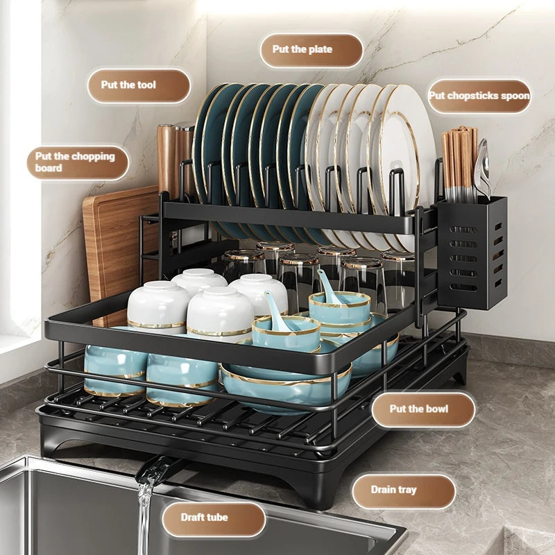 Escurridor de Platos Ajustable de Acero Inoxidable con Bandeja de Drenaje - Organizador de Platos Sobre el Fregadero, Almacenamiento y Escurridor de Cocina