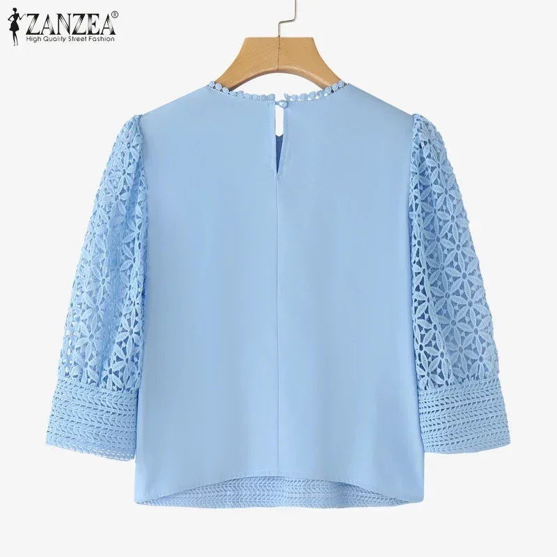 ZANZEA-Blusa elegante de encaje para mujer, camisas con mangas abullonadas, moda informal 2026, Tops tipo túnica de Color sólido con cuello redondo, Blusas de oficina 2026