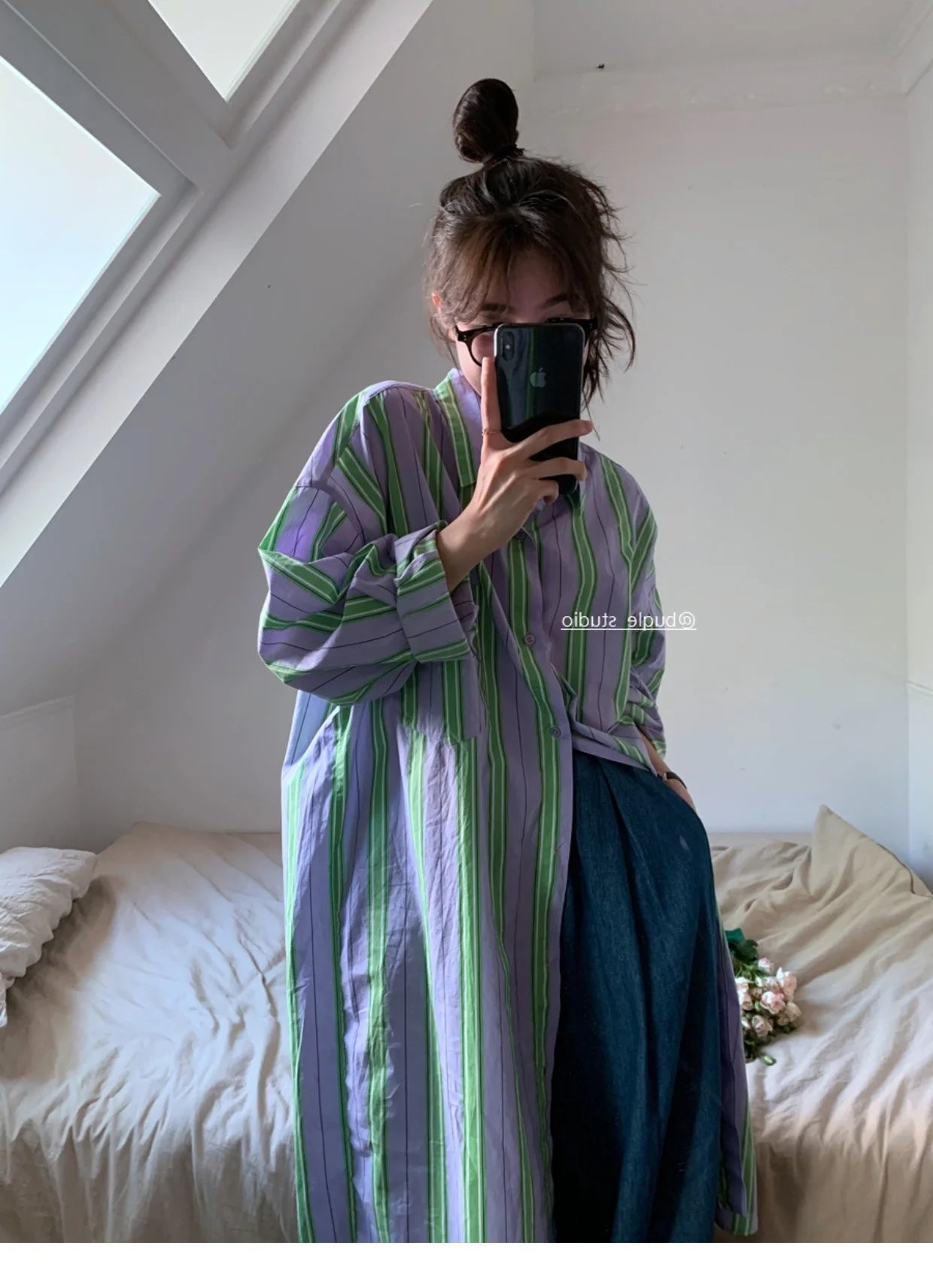 Csa Hoada de Manga Larga para Mujer, Estilo Clásico, Informal, con Rayas Vertics, Larga hasta la Rodilla, para Primav...