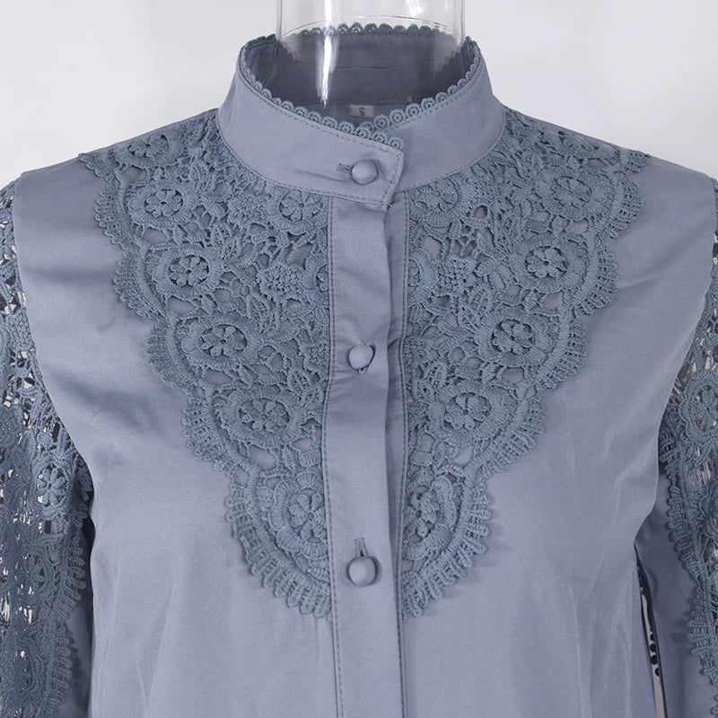 Blusa de encaje bordado para mujer, camisa informal de manga larga con cuello levantado, Color liso, elegante, para oficina, Primavera, 2021