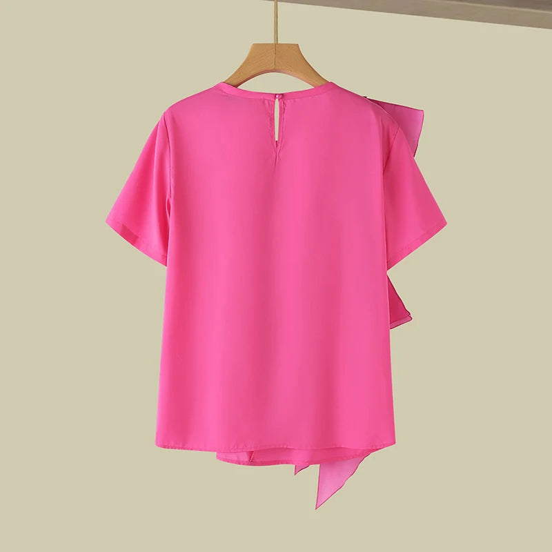 ZANZEA 2025 Blusa informal con costuras con volantes, Tops a la moda para vacaciones de verano, Tops con cuello redondo, túnicas de manga corta para mujer, Blusa holgada lisa para mujer