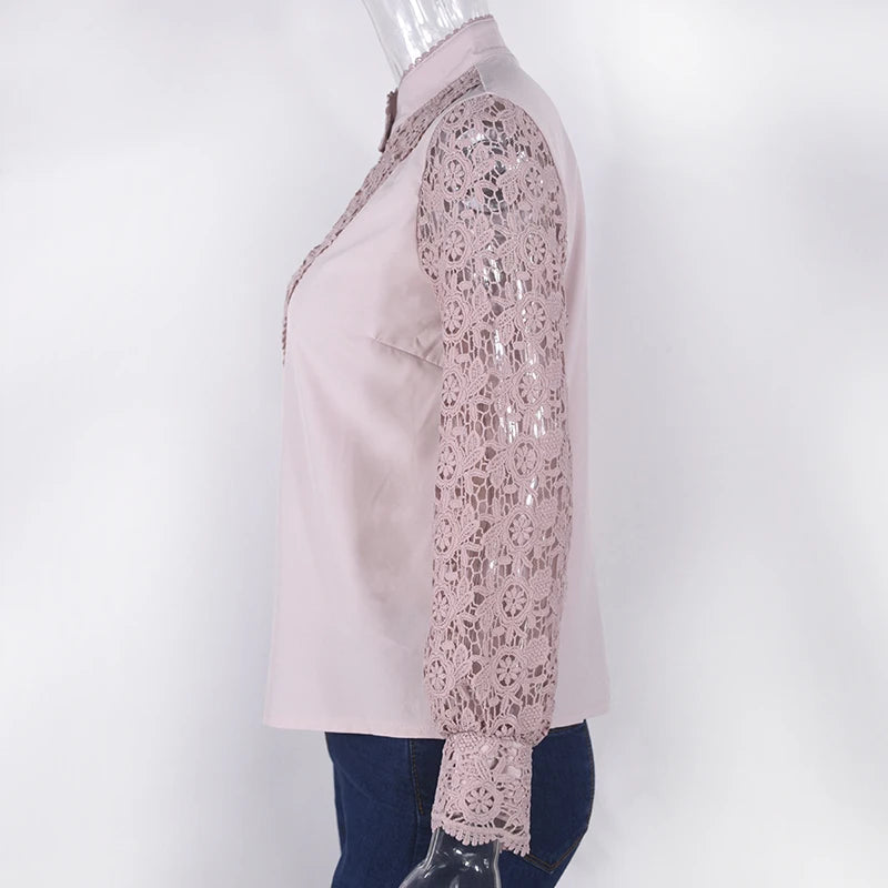 Blusa de encaje bordado para mujer, camisa informal de manga larga con cuello levantado, Color liso, elegante, para oficina, Primavera, 2021