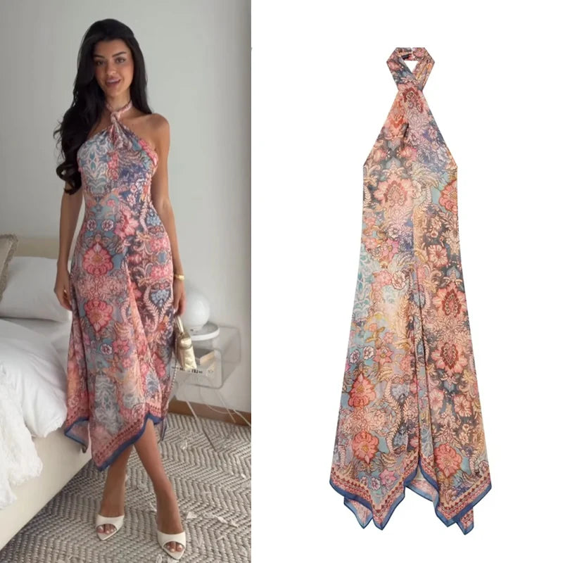 Vestido de Mujer 2026 Nuevo Vestido Halter de Gasa para Verano, Vestido Casual Chic para Vacaciones, Vestido con Personalidad para Damas