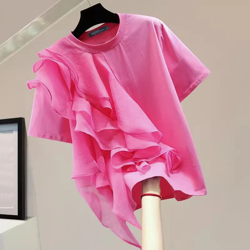 ZANZEA 2025 Blusa informal con costuras con volantes, Tops a la moda para vacaciones de verano, Tops con cuello redondo, túnicas de manga corta para mujer, Blusa holgada lisa para mujer