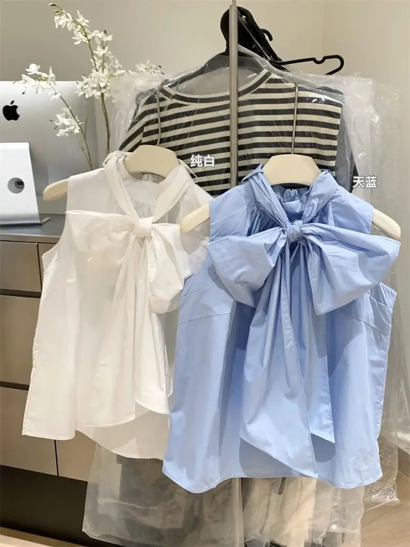 Blusa Blanca para Mujer 2026, Blusas Mujer con Lazo, Sin Mangas, Holgada, Camisas de Moda Dulce de Verano, Tops Femeninos